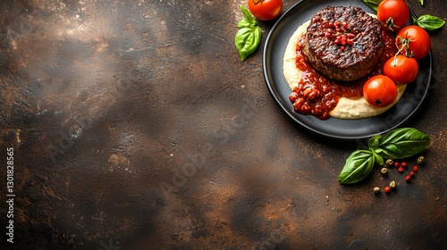 Juicy Beef Patty with Creamy Mash and Tomato Garnish