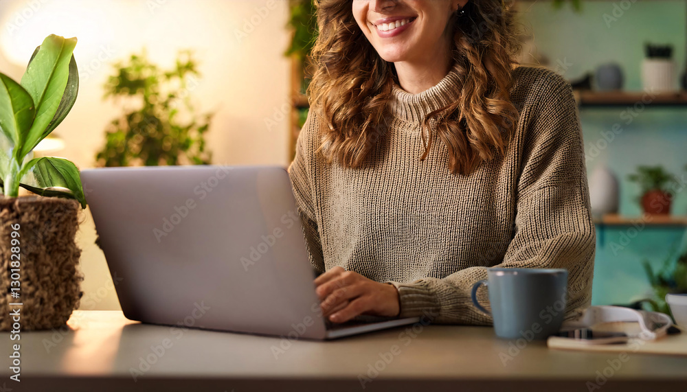 Fototapeta premium A smiling woman in a cozy beige sweater works on their laptop at home, surrounded by houseplants in a warm and inviting workspace setting. Generative AI