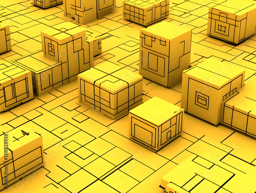 3D Illustration Yellow Cube...