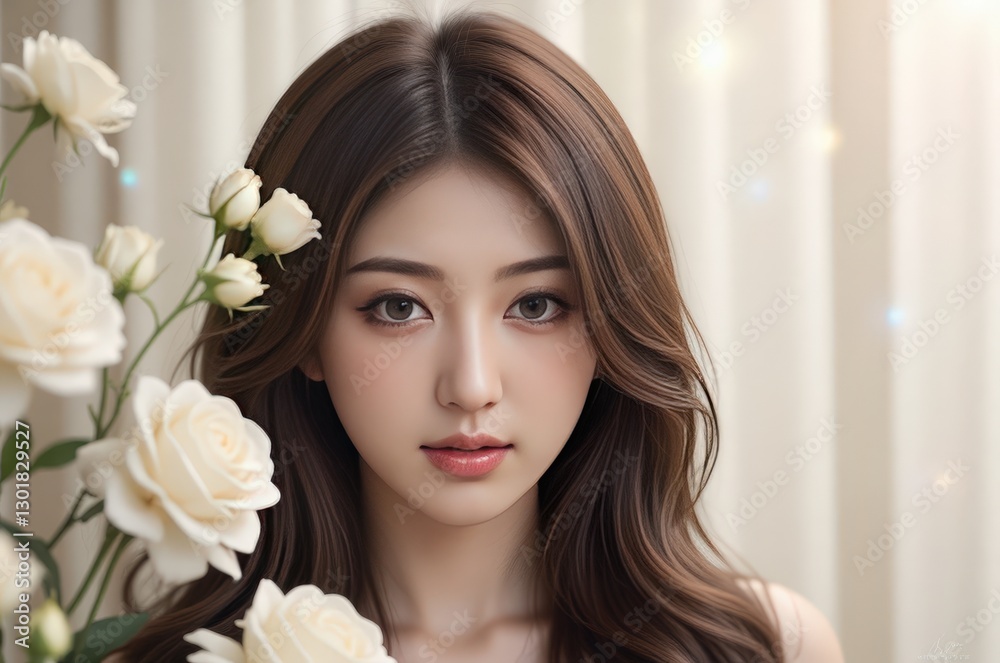 Elegant Asian Woman with White Roses: Portrait of Beauty and Serenity, Perfect for Beauty and Fashion Themes Elegant Asian Woman with White Roses: Portrait of Beauty and Serenity, Perfect for Beauty and Fashion Themes