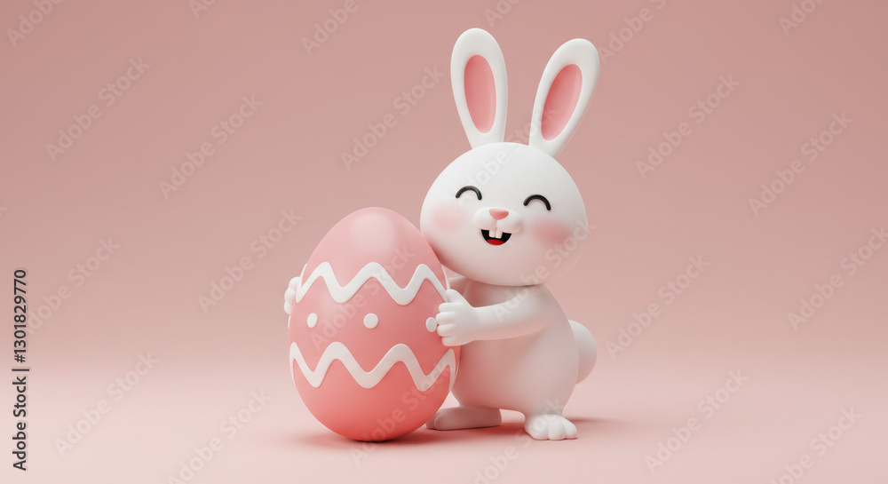 Obraz premium Cute Easter Bunny Holding a Pink Decorated Egg – 3D Render