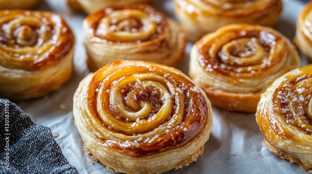 Freshly baked golden-brown pastry swirls with a glossy glaze, perfect for dessert or breakfast. Freshly baked golden-brown pastry swirls with a glossy glaze, perfect for dessert or breakfast.