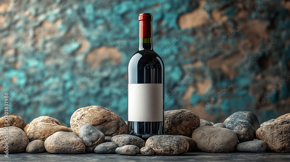 Naklejka premium Elegant wine bottle on a rustic background with pebbles and vibrant colors at a cozy setting