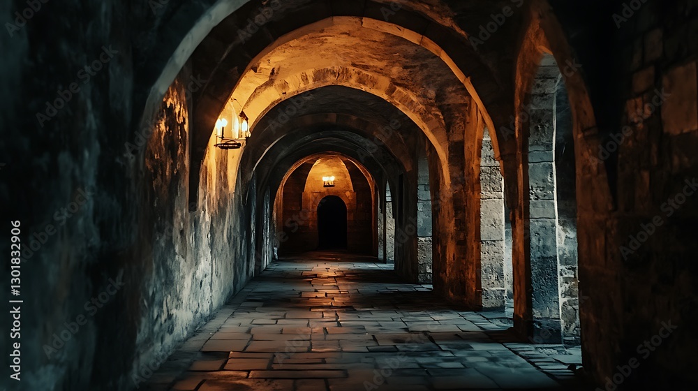 Fototapeta premium Exploring Arched Stone Tunnel with Lanterns Casting Warm Light