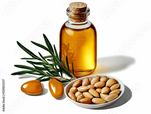 Argan Oil Bottle, Seeds, an...