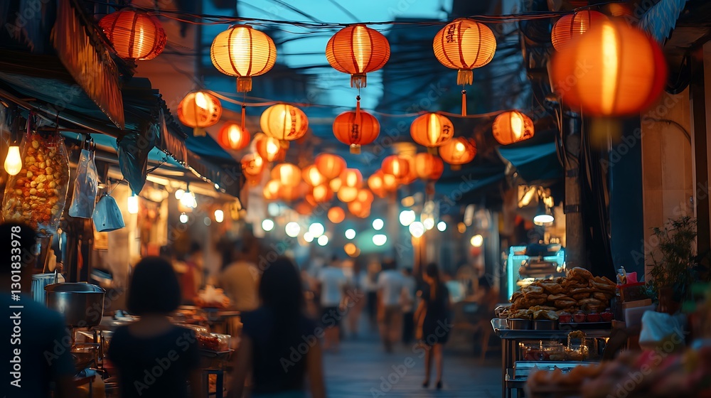 Naklejka premium Walking Through a Bustling Street Market Adorned with Hanging Lanterns
