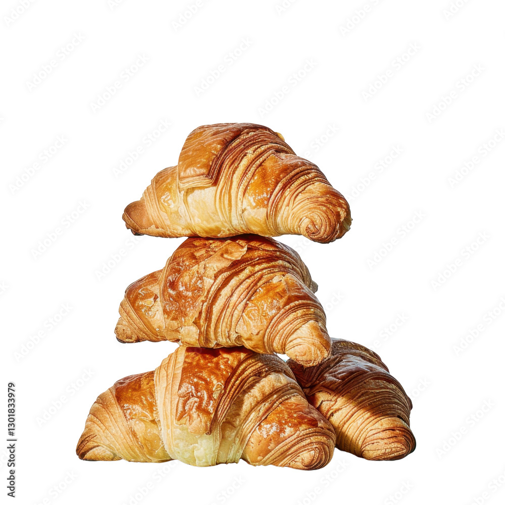 Freshly baked croissants stacked high, showcasing their flaky layers and golden brown crust. Perfect for breakfast or delightful snack Freshly baked croissants stacked high, showcasing their flaky layers and golden brown crust. Perfect for breakfast or delightful snack