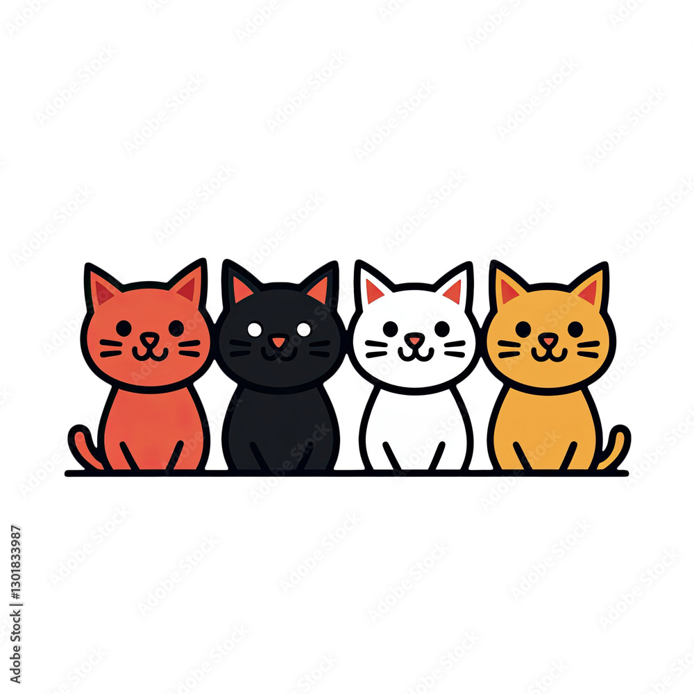 Fototapeta premium Cute Minimalist Illustration of Four Colorful Cats in a Row