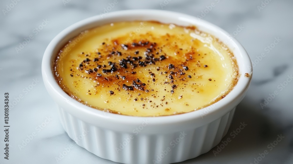 A delicious serving of crème brûlée in a white ramekin, featuring a caramelized sugar crust and a smooth, creamy filling. A delicious serving of crème brûlée in a white ramekin, featuring a caramelized sugar crust and a smooth, creamy filling.