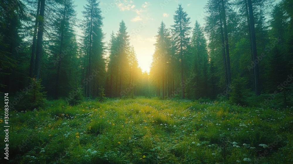 Fototapeta premium Forest Sunlight Through Trees And Meadow