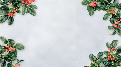 Red Berries And Green Leaves Frame On Gray Background