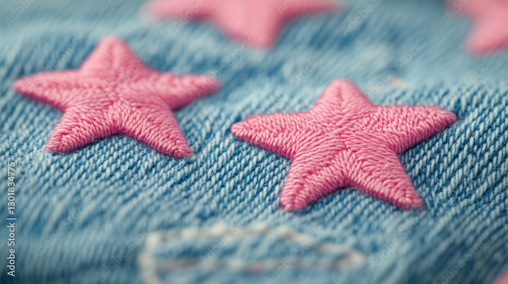 Close-up of blue fabric featuring pink embroidered stars, showcasing vibrant colors and intricate stitching details. Close-up of blue fabric featuring pink embroidered stars, showcasing vibrant colors and intricate stitching details.