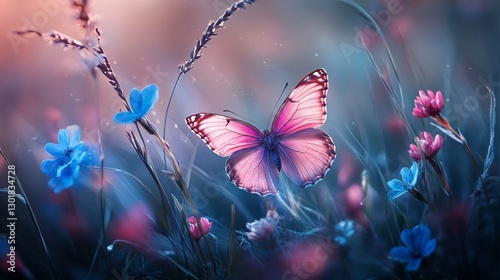 Vibrant Pink Butterfly on Wild Floral Background - Nature Photography for Design Projects