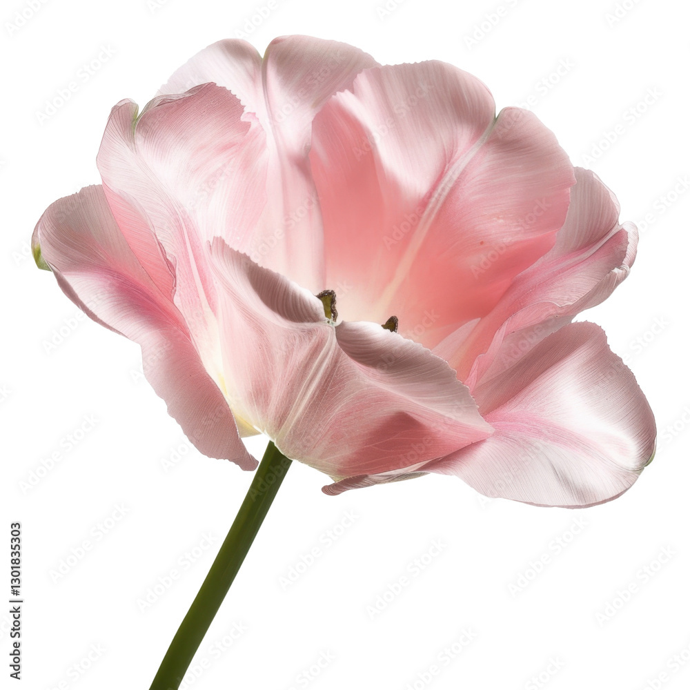 Obraz premium delicate pink tulip with soft petals and slender green stem, symbolizing beauty and grace. This flower stands out with its gentle hues and elegant form, perfect for floral arrangements