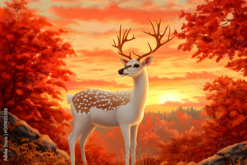 Autumn Sunset Deer Illustra...