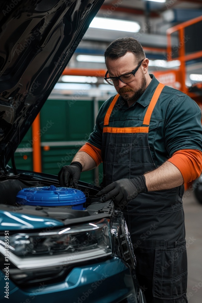 Mechanic Working on Car Engine in Automotive Workshop Environment Mechanic Working on Car Engine in Automotive Workshop Environment