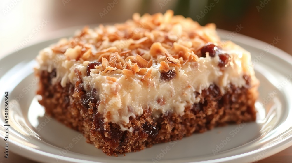 Delicious slice of coconut cake topped with toasted coconut, presented on a white plate. Delicious slice of coconut cake topped with toasted coconut, presented on a white plate.