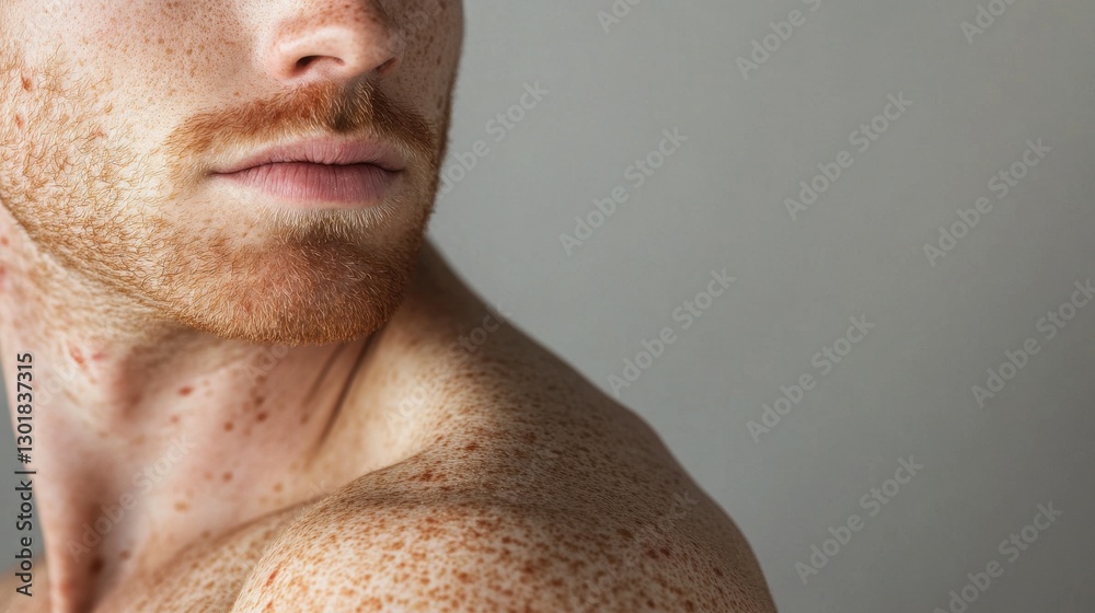 Naklejka premium Close-up of a young Caucasian male with red hair and freckles, showcasing texture and detail in a soft light.