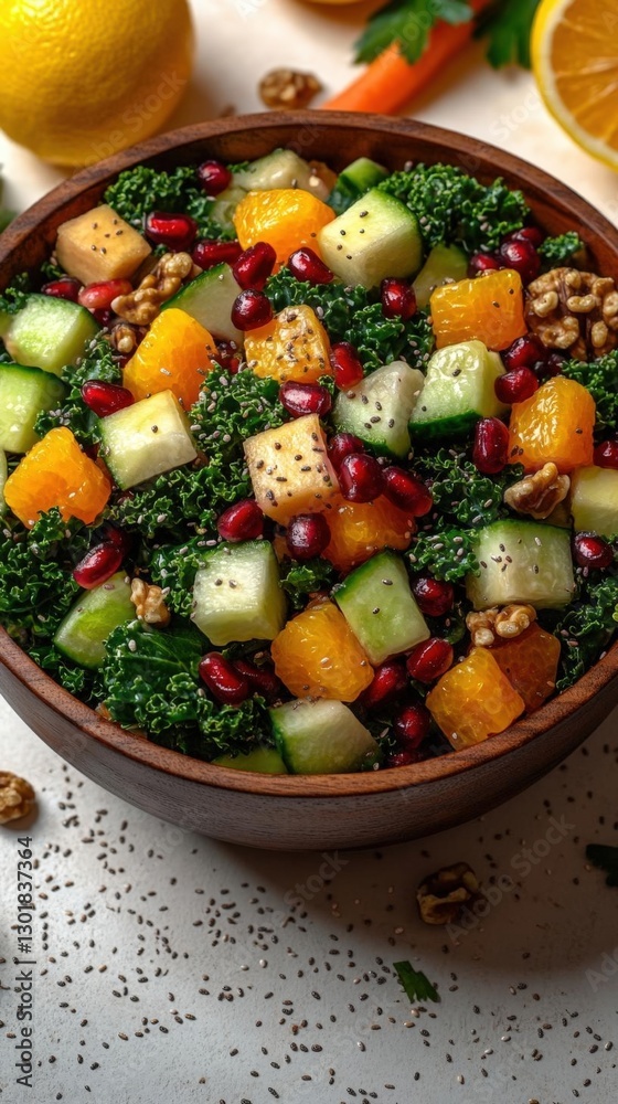 Colorful Kale Salad with Fruit and Nuts in Wooden Bowl Colorful Kale Salad with Fruit and Nuts in Wooden Bowl