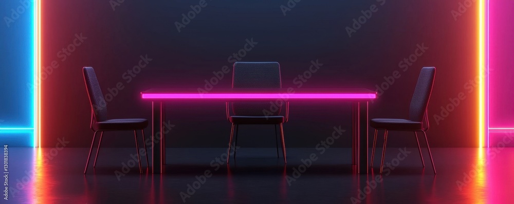 Modern Futuristic Table with Neon Lights and Empty Chairs Modern Futuristic Table with Neon Lights and Empty Chairs