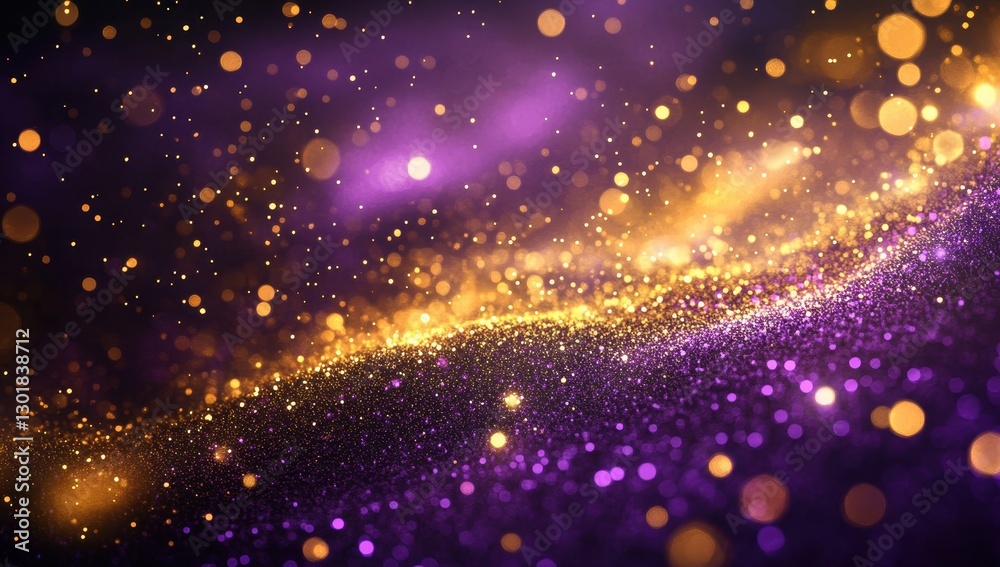 Obraz premium Vibrant Golden and Purple Glitter Particles Sparkling Against a Dark Background for Abstract Textures and Design Elements