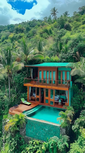 Photo Tropical Rainforest Cliffside Villa Infinity Pool Luxury Getaway