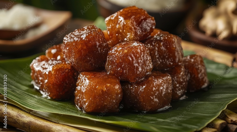Close-up of traditional brown sugar cubes stacked on a banana leaf, showcasing their glossy texture, in a warm, inviting setting. Close-up of traditional brown sugar cubes stacked on a banana leaf, showcasing their glossy texture, in a warm, inviting setting.