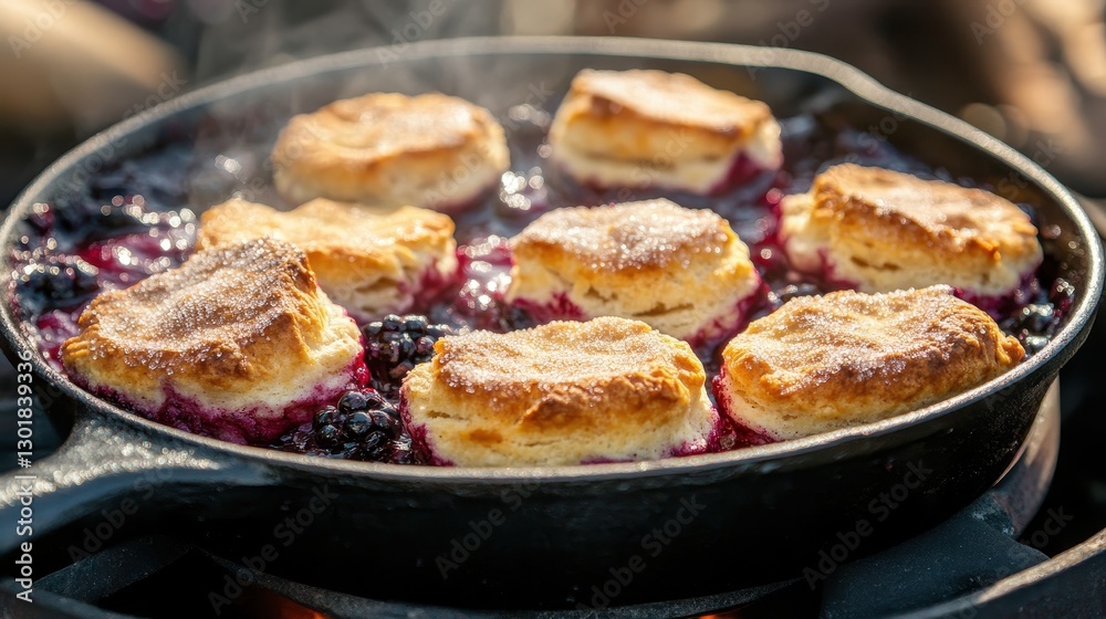 Delicious golden biscuits bubbling over a berry filling in a cast-iron skillet, perfect for outdoor cooking. Delicious golden biscuits bubbling over a berry filling in a cast-iron skillet, perfect for outdoor cooking.