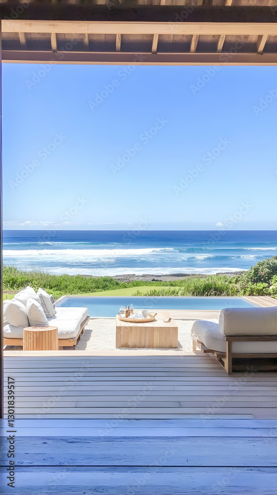 Fototapeta premium Photo Serene Ocean View, Poolside Relaxation, Coastal Retreat