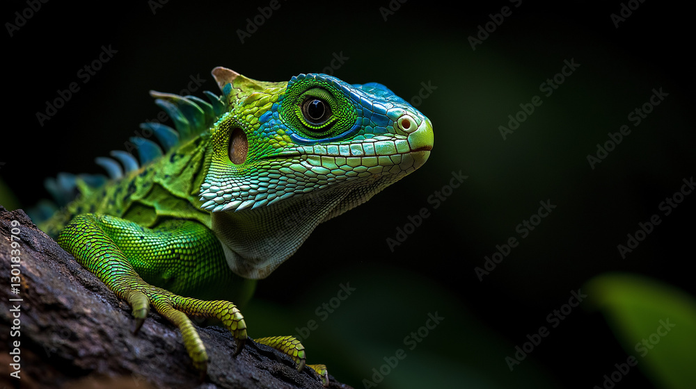 Green dragon lizard perched on tree branch Green dragon lizard perched on tree branch