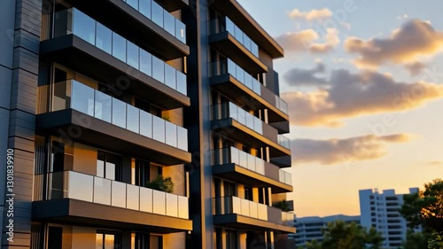 Modern apartment building at sunset