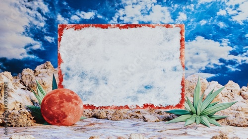 Red Frame Mockup with Textured Background and Plants