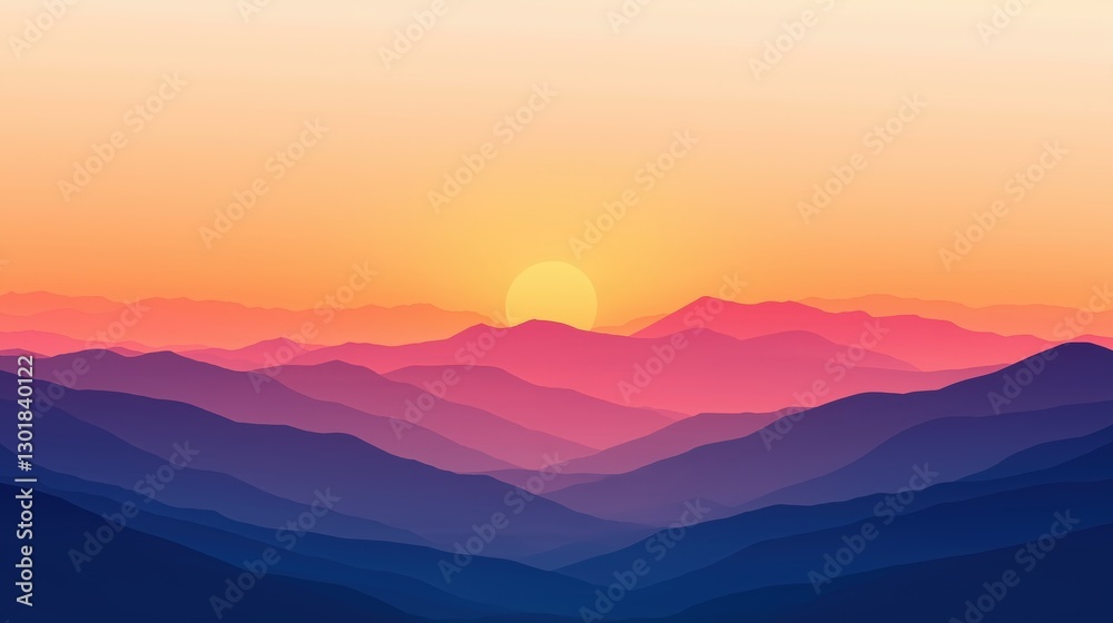 Obraz premium A stunning view of rolling mountain silhouettes under a colorful, gradient sunset sky. Perfect for travel, inspiration, and nature themes