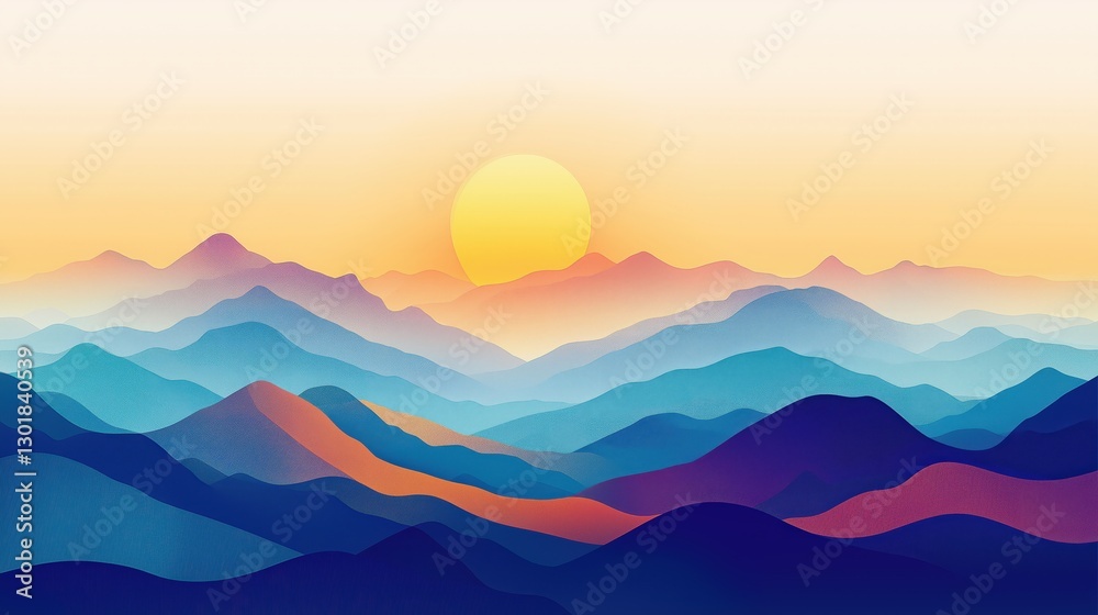 A modern and colorful abstract illustration of layered mountain peaks under a golden sunrise. Ideal for travel, adventure, and nature-inspired designs A modern and colorful abstract illustration of layered mountain peaks under a golden sunrise. Ideal for travel, adventure, and nature-inspired designs