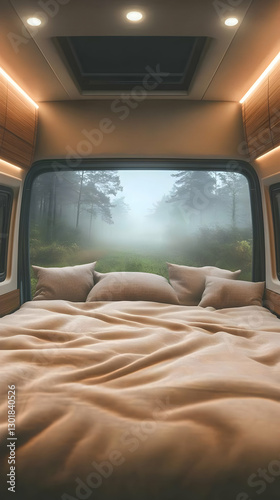 3D Illustration Cozy Campervan Bedroom Foggy Forest View