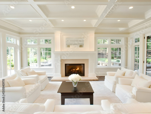 Photo - Elegant White Living Room Interior Design with Fireplace