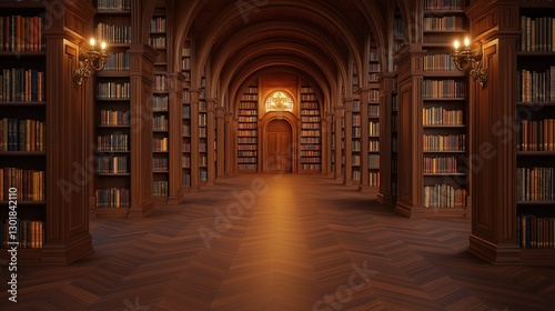 A grand historical library featuring arched wooden bookshelves, intricate details, and warm golden lighting. Ideal for education, literature, and knowledge themes