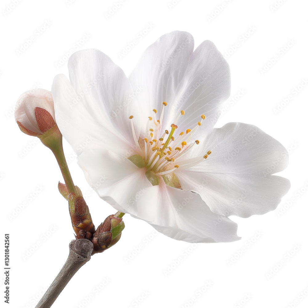 Obraz premium delicate white cherry blossom flower with budding flower, showcasing its intricate petals and vibrant yellow stamens, symbolizing beauty and renewal