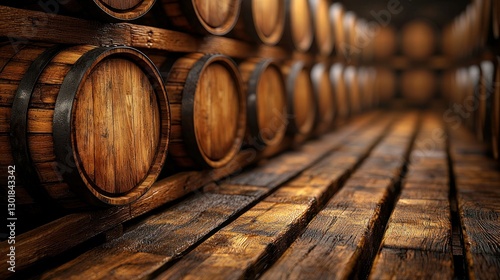 Wooden barrels stacked on racks in a dark cellar, aged and weathered