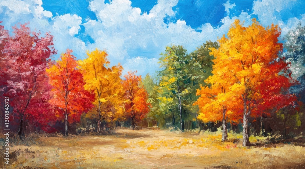 Vibrant autumn landscape painting of colorful trees and a path. Vibrant autumn landscape painting of colorful trees and a path.