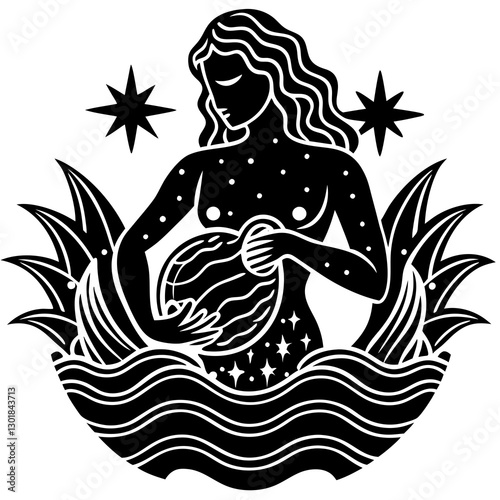 Aquarius, black and white illustration