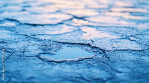 Frozen cracked ice surface with melting water reflections in soft blue tones