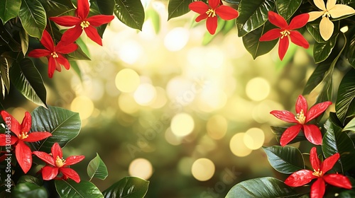 Red Poinsettia Flowers and Green Leaves with Soft Golden Bokeh Background