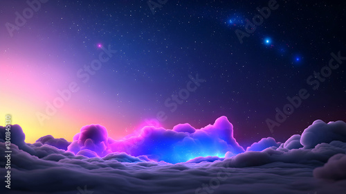 Celestial Night Sky with Glowing Blue Nebulae and Clouds