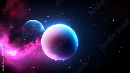Celestial Space Scene with Glowing Planets and Nebula