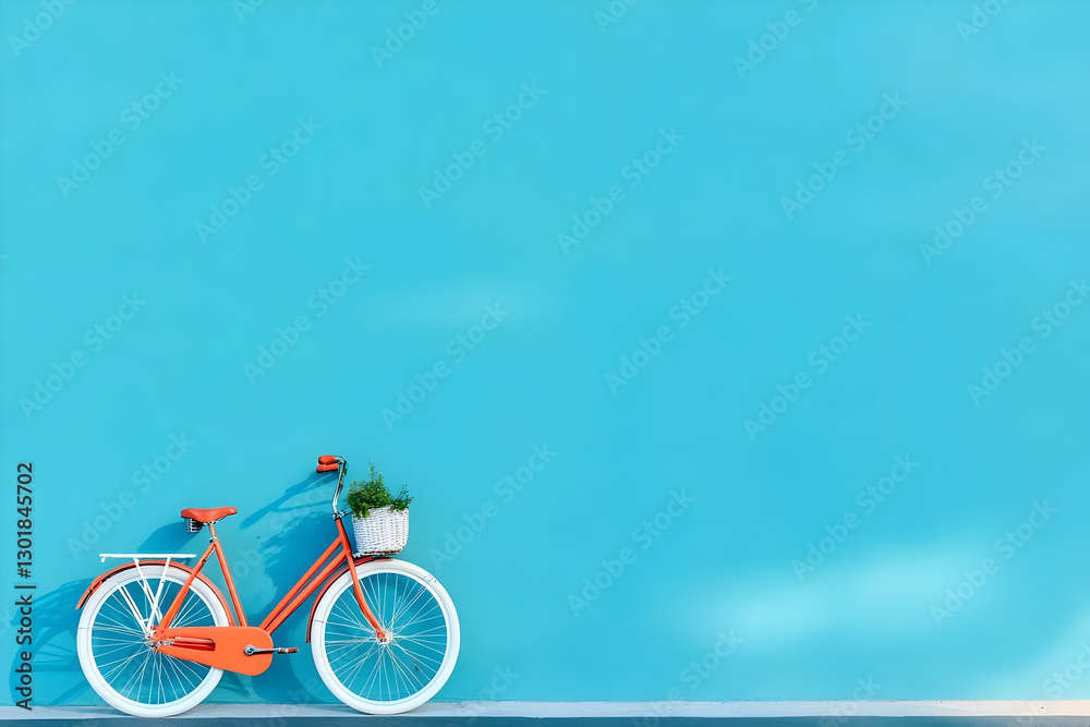 Fototapeta premium Photo Minimalist Orange Bicycle Basket Plant Blue Wall Background
