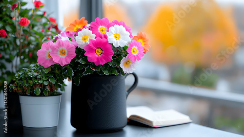 Charming Balcony Garden with Potted Flowers and Ivy