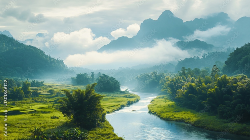 Obraz premium Scenic River Mountain Landscape View for Adobe Stock Photos