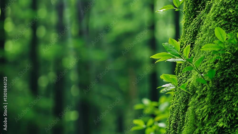 Close-up of fresh green leaves growing on moss-covered tree trunk in a forest with blurred background