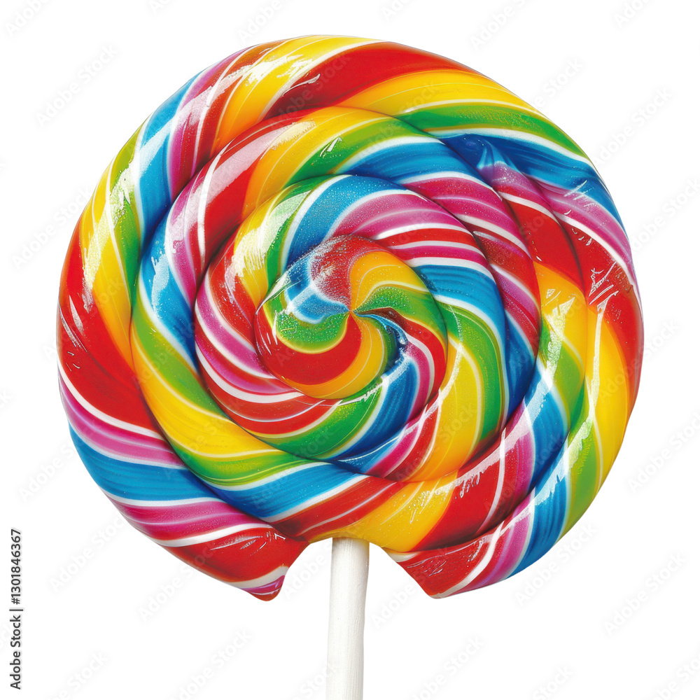 Obraz premium Colorful spiral lollipop with vibrant rainbow swirls, perfect for candy lovers and festive occasions. This sweet treat brings joy and nostalgia to any celebration